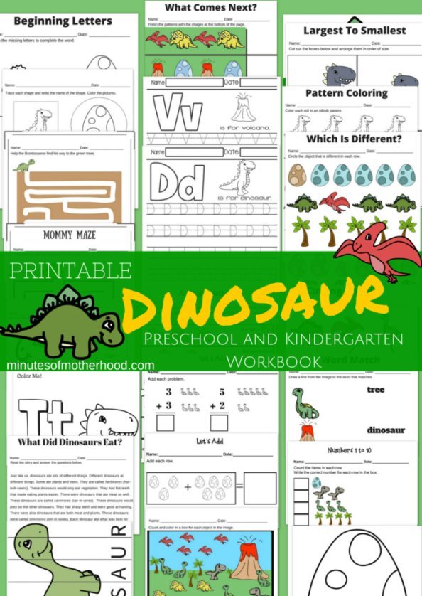 Dinosaur-Themed Printable Preschool and Kindergarten Workbook