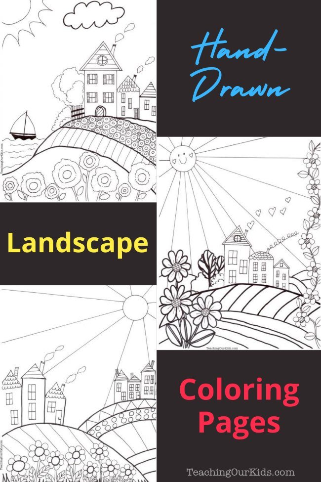 Hand-drawn landscape coloring pages