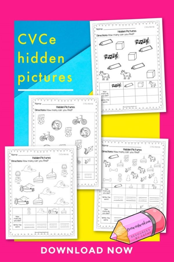 CVCe hidden pictures worksheets for kindergarten and grade 1 children